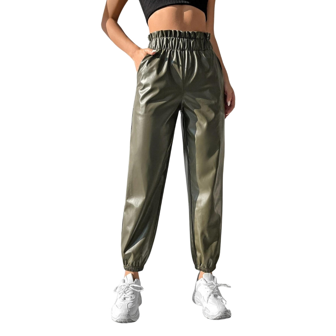 Pantalones de cintura con volante cuero