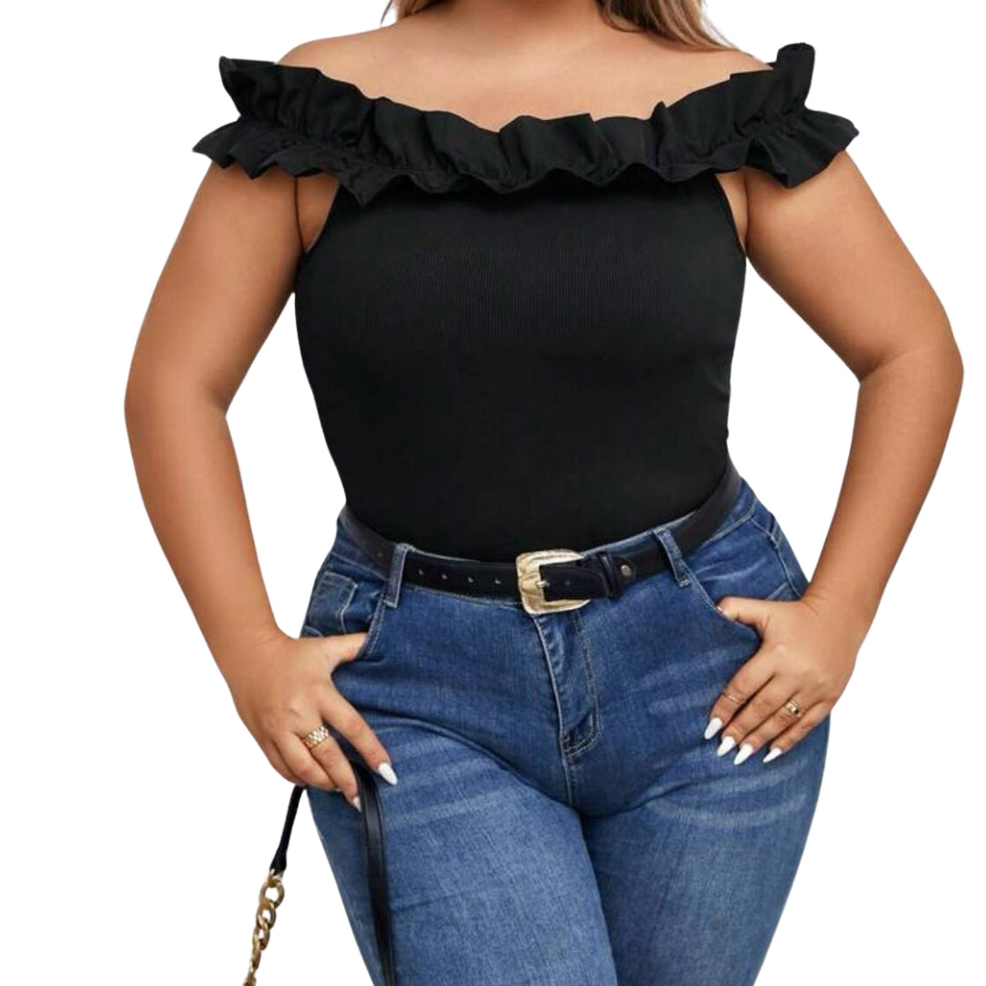 Camiseta de hombros descubiertos ribete con fruncido