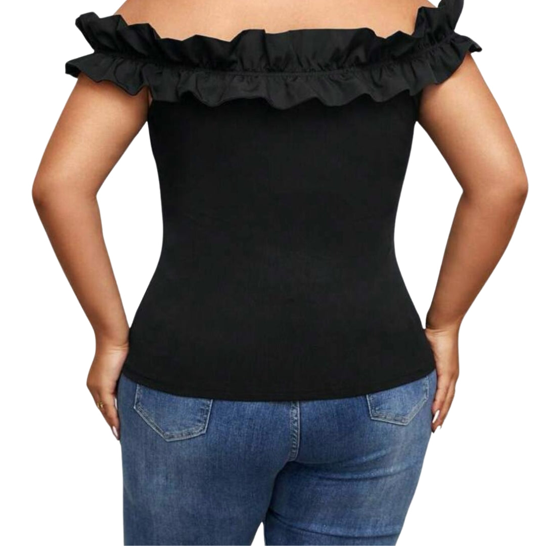 Camiseta de hombros descubiertos ribete con fruncido