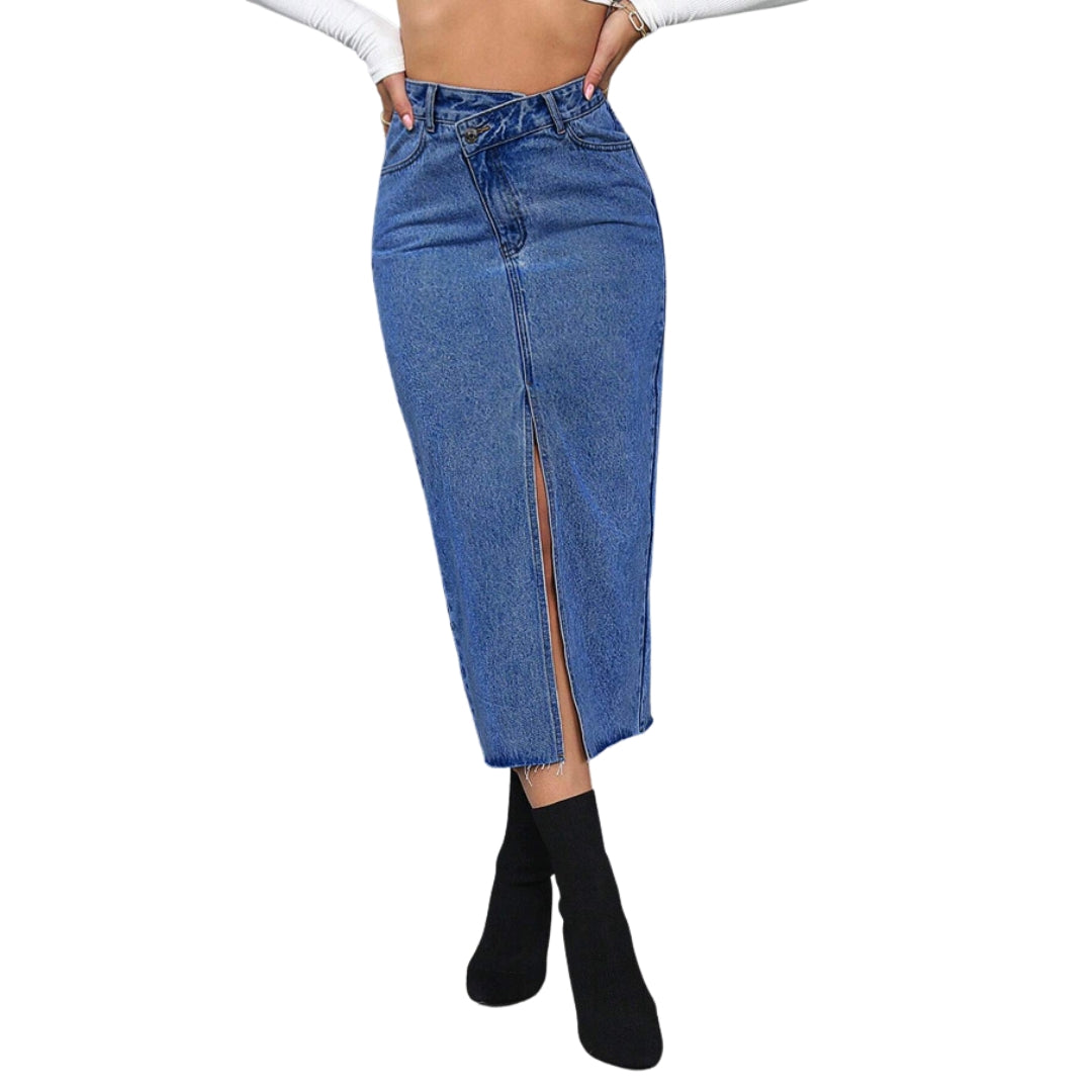 Falda en mezclilla de cintura asimétrica de muslo con abertura